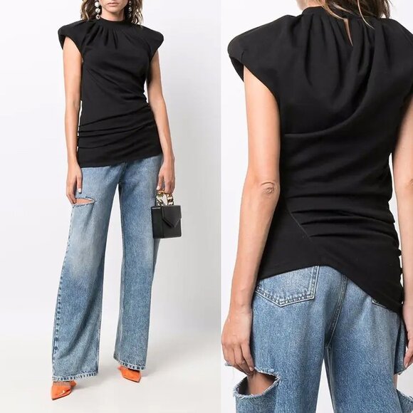 THE ATTICO Ruched Asymmetric Top in Black - Sz MEDIUM - Picture 1 of 12